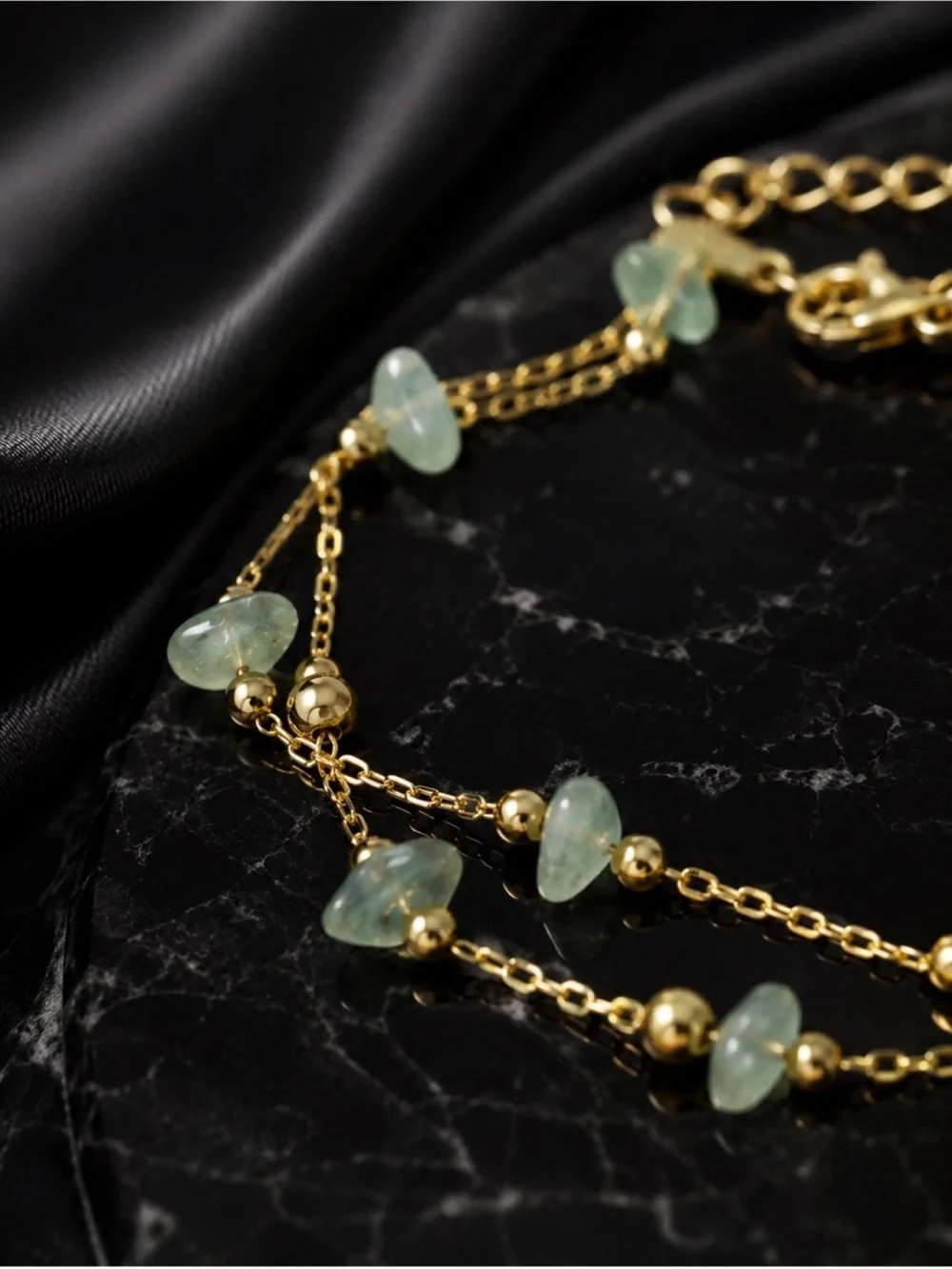 18K Gold Natural Jade Double-Chain Anklet